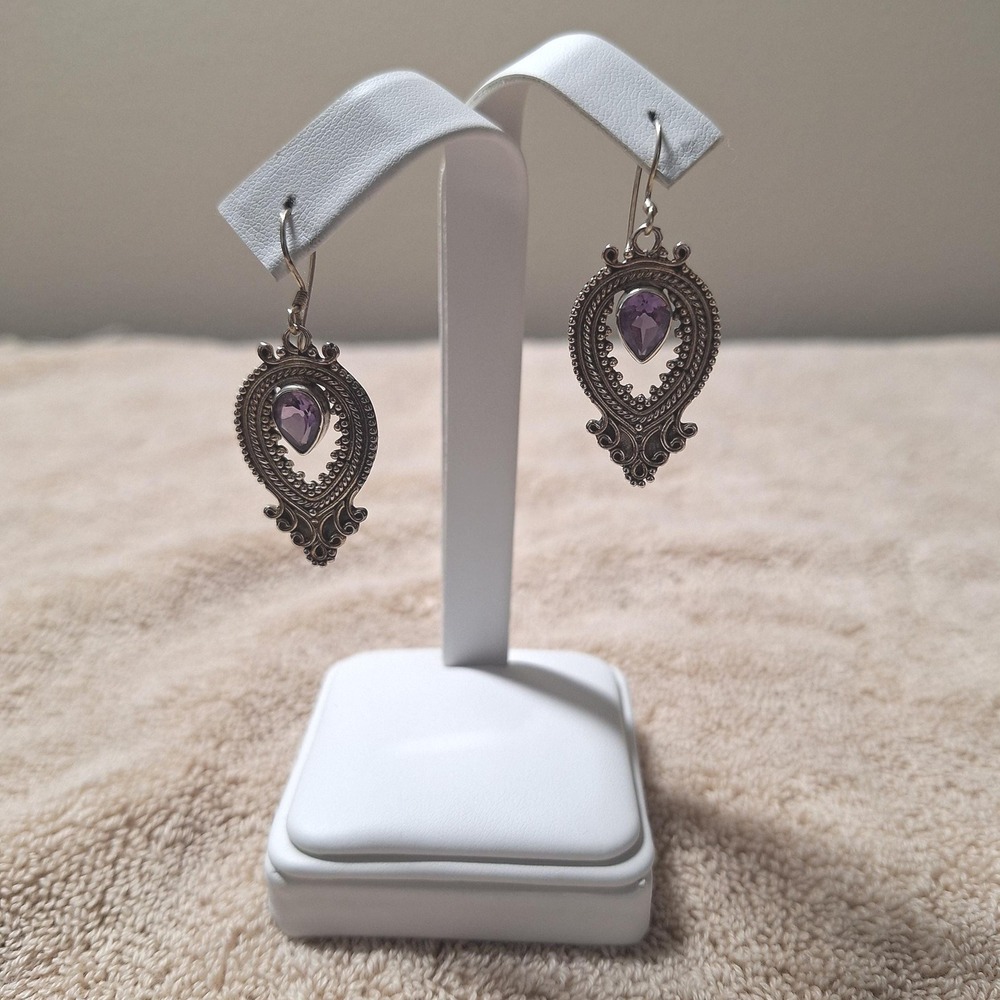 Amethyst Rose de France drop dangle earrings artisan crafted in sterling silver